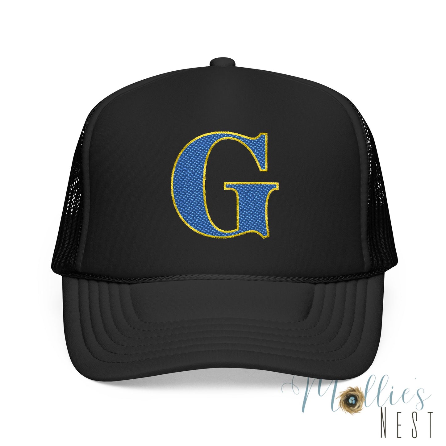 Embroidered Blue & Gold 'G' Trucker Hat — Monogram Letter Foam Cap - Gosnell
