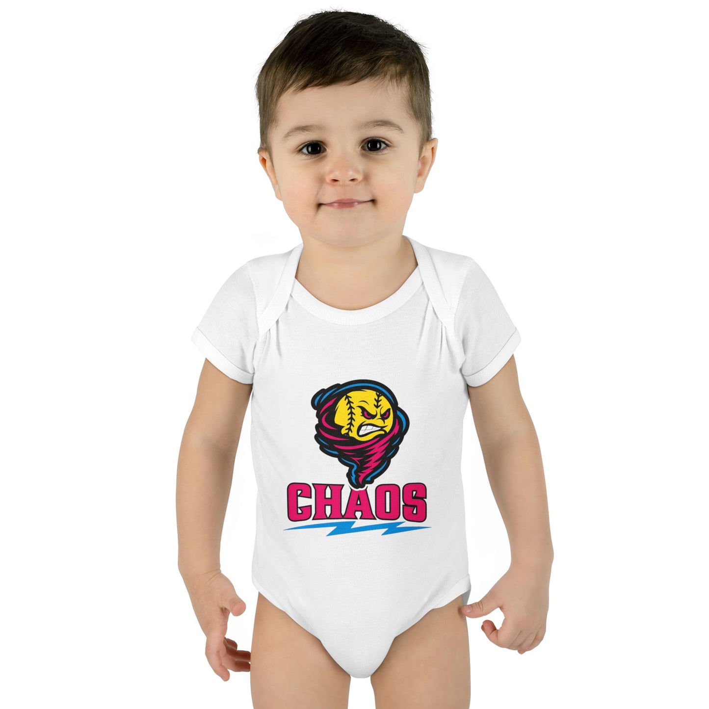 Chaos Softball Baby Bodysuit — Cute Sports Mascot Infant Onesie