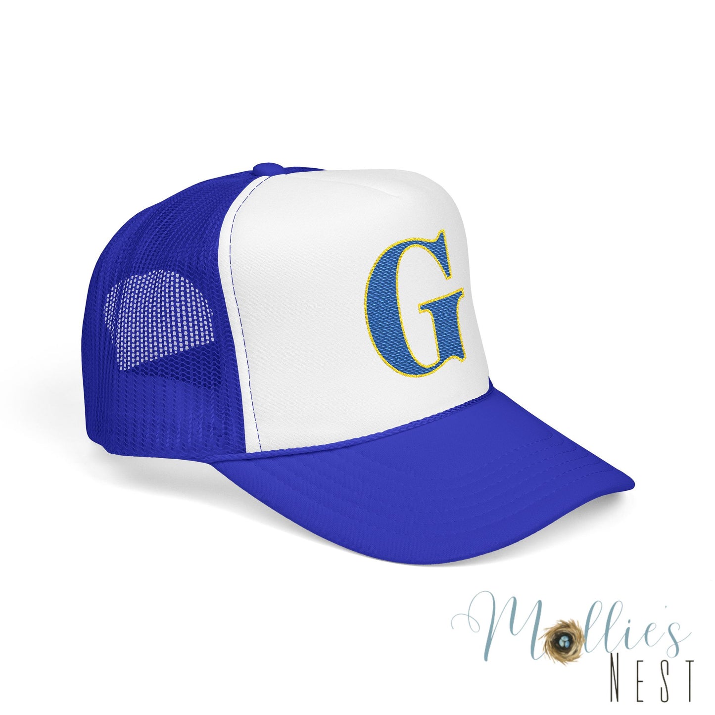 Embroidered Blue & Gold 'G' Trucker Hat — Monogram Letter Foam Cap - Gosnell