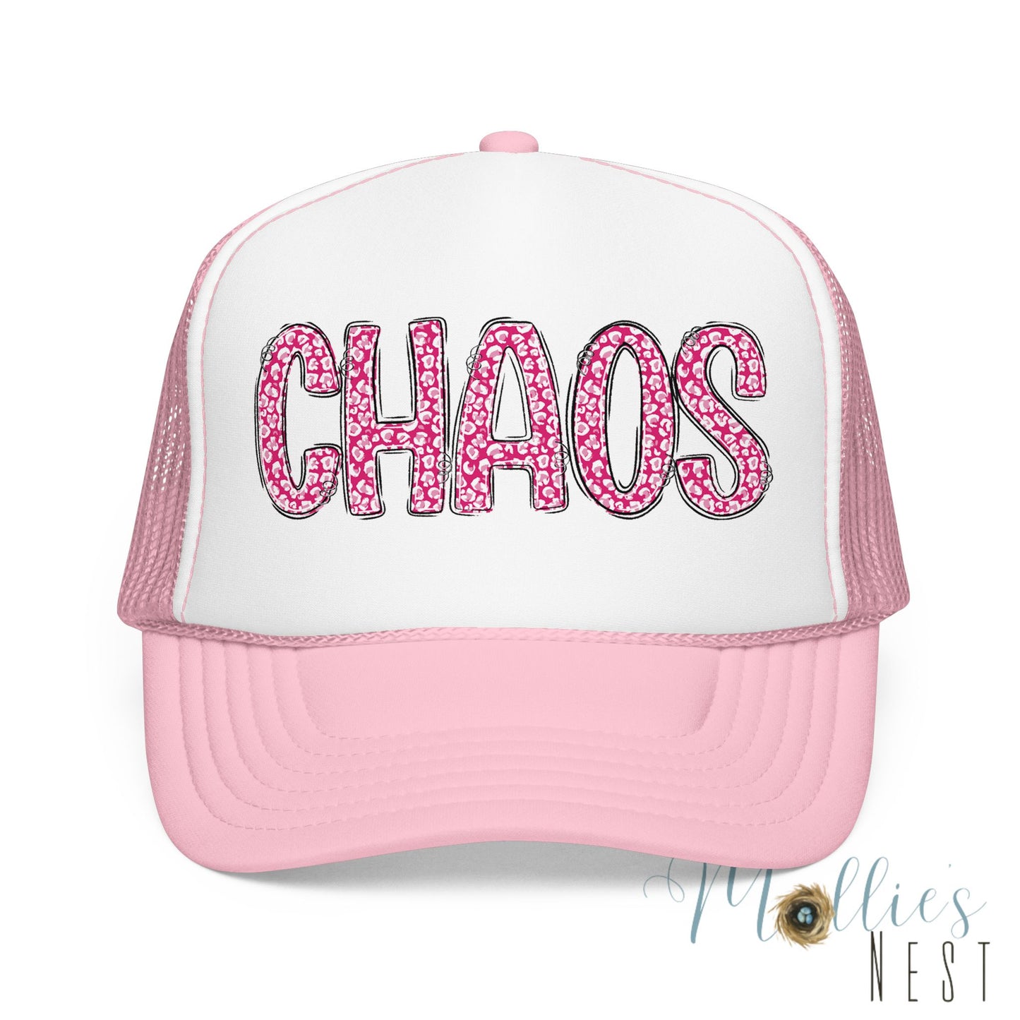 CHAOS Foam Trucker Hat — Pink Leopard Print Lettering Cap