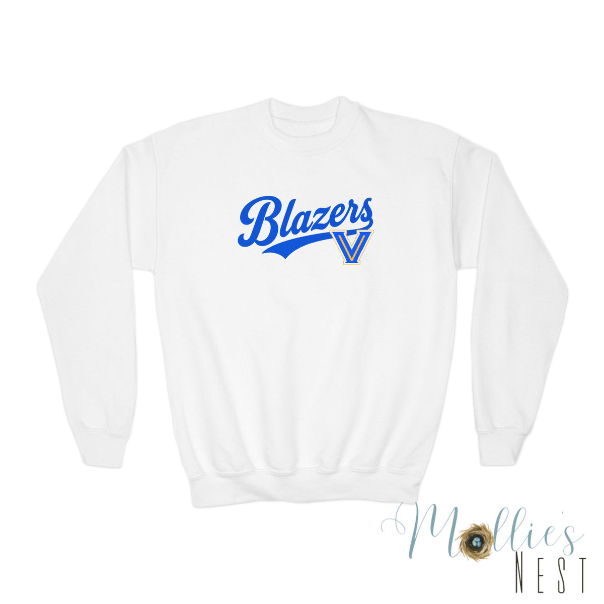 Blazers Youth Crewneck Sweatshirt – Retro Script Team Logo in Royal Blue