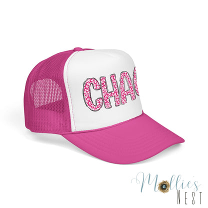 CHAOS Foam Trucker Hat — Pink Leopard Print Lettering Cap