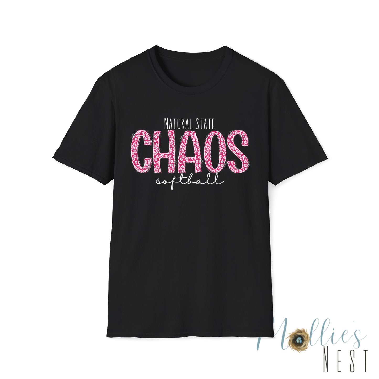 Chaos Softball T-Shirt — "Natural State Chaos" Pink Leopard Softball Tee