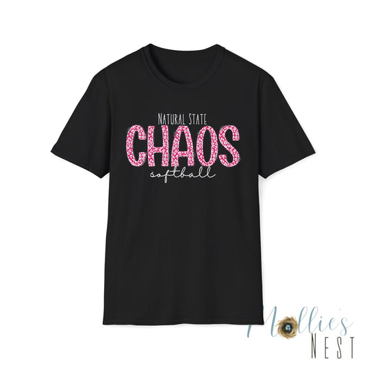 Chaos Softball T-Shirt — "Natural State Chaos" Pink Leopard Softball Tee