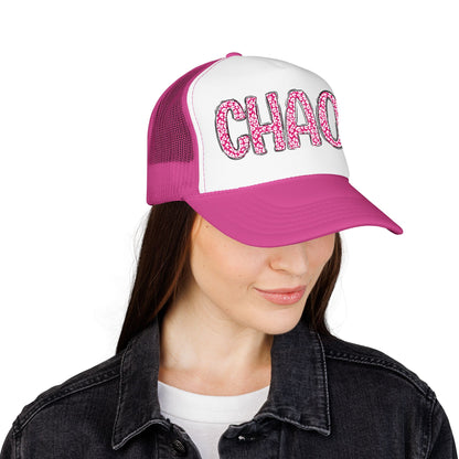 CHAOS Foam Trucker Hat — Pink Leopard Print Lettering Cap