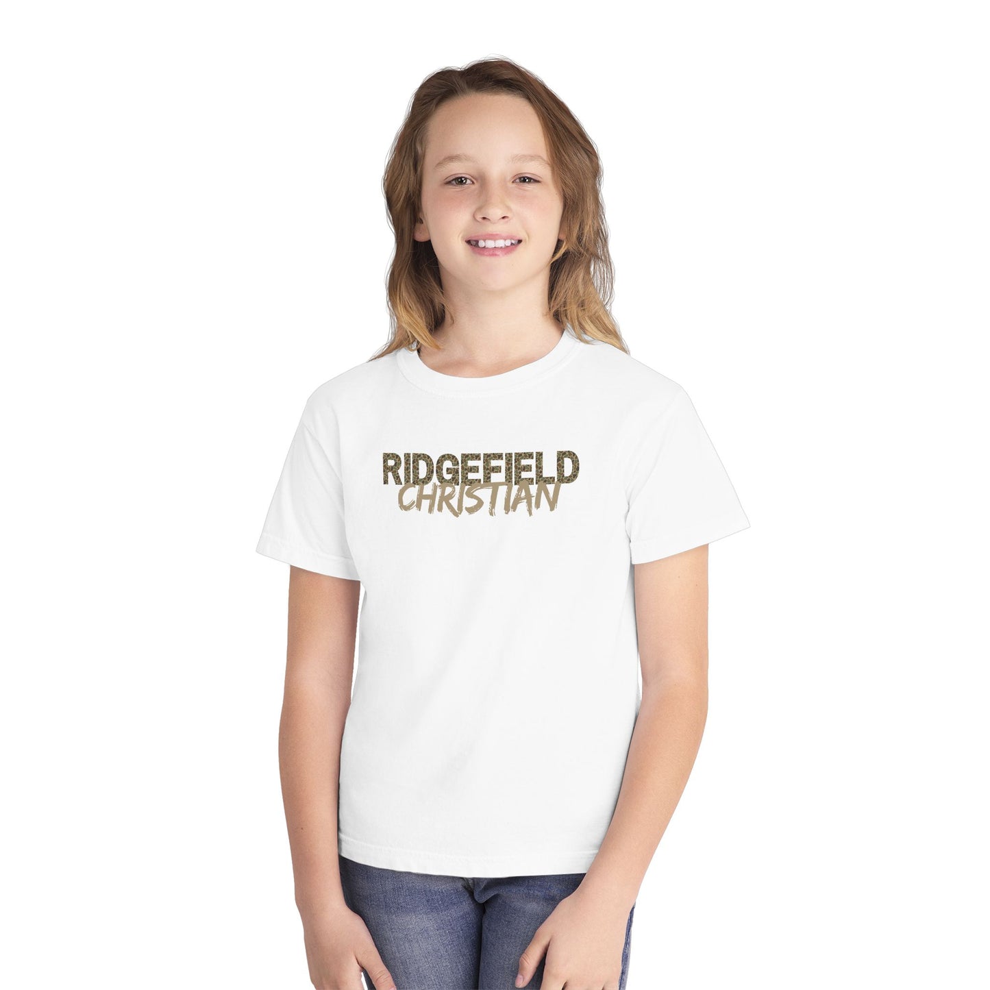 Ridgefield Christian CAMO Youth T-Shirt — Youth Midweight Tee with Script Logo