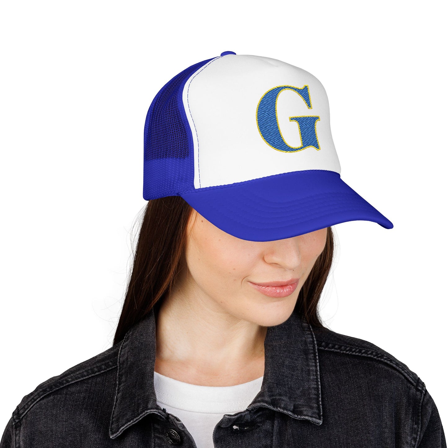 Embroidered Blue & Gold 'G' Trucker Hat — Monogram Letter Foam Cap - Gosnell