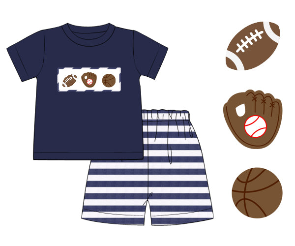 Preorder- Navy Sports Smocked Short Set