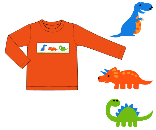 Preorder- Orange Dino Smocked Shirt