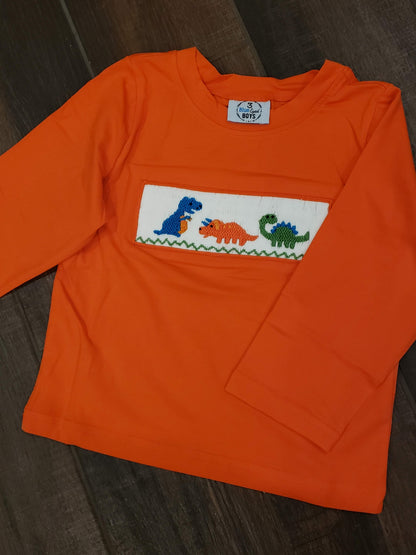 Preorder- Orange Dino Smocked Shirt