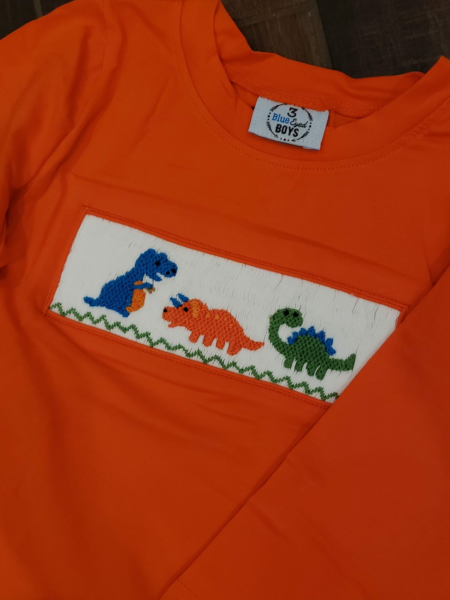 Preorder- Orange Dino Smocked Shirt