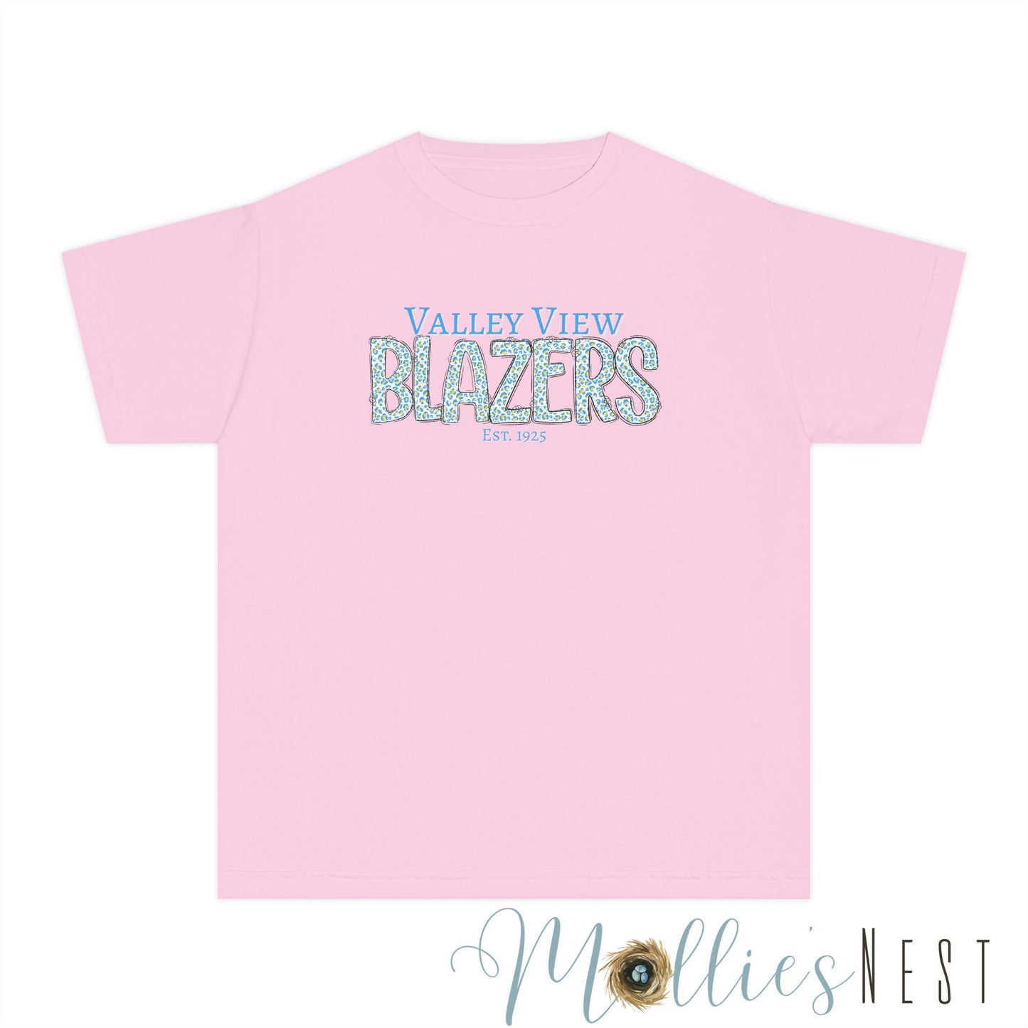 Valley View Blazers Youth Tee. Leopard Letters. Est.1925