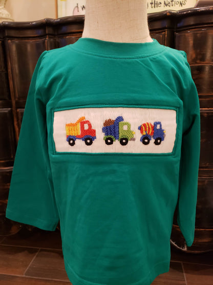 Preorder- Smocked Shirt Green Construction Truck