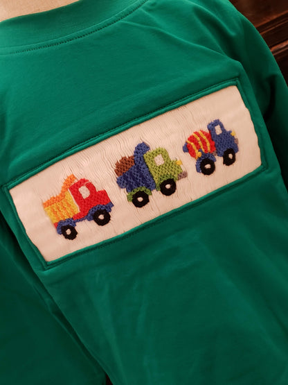 Preorder- Smocked Shirt Green Construction Truck