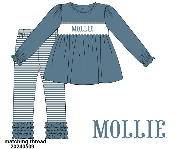 Preorder 2 - Blue Knit NAME Smocked Ruffle Legging Set