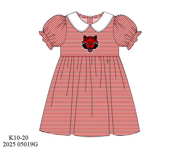 PO9 - Red Striped Red Wolves Embroidered Dress