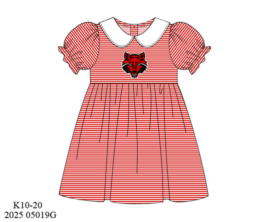 PO9 - Red Striped Red Wolves Embroidered Dress