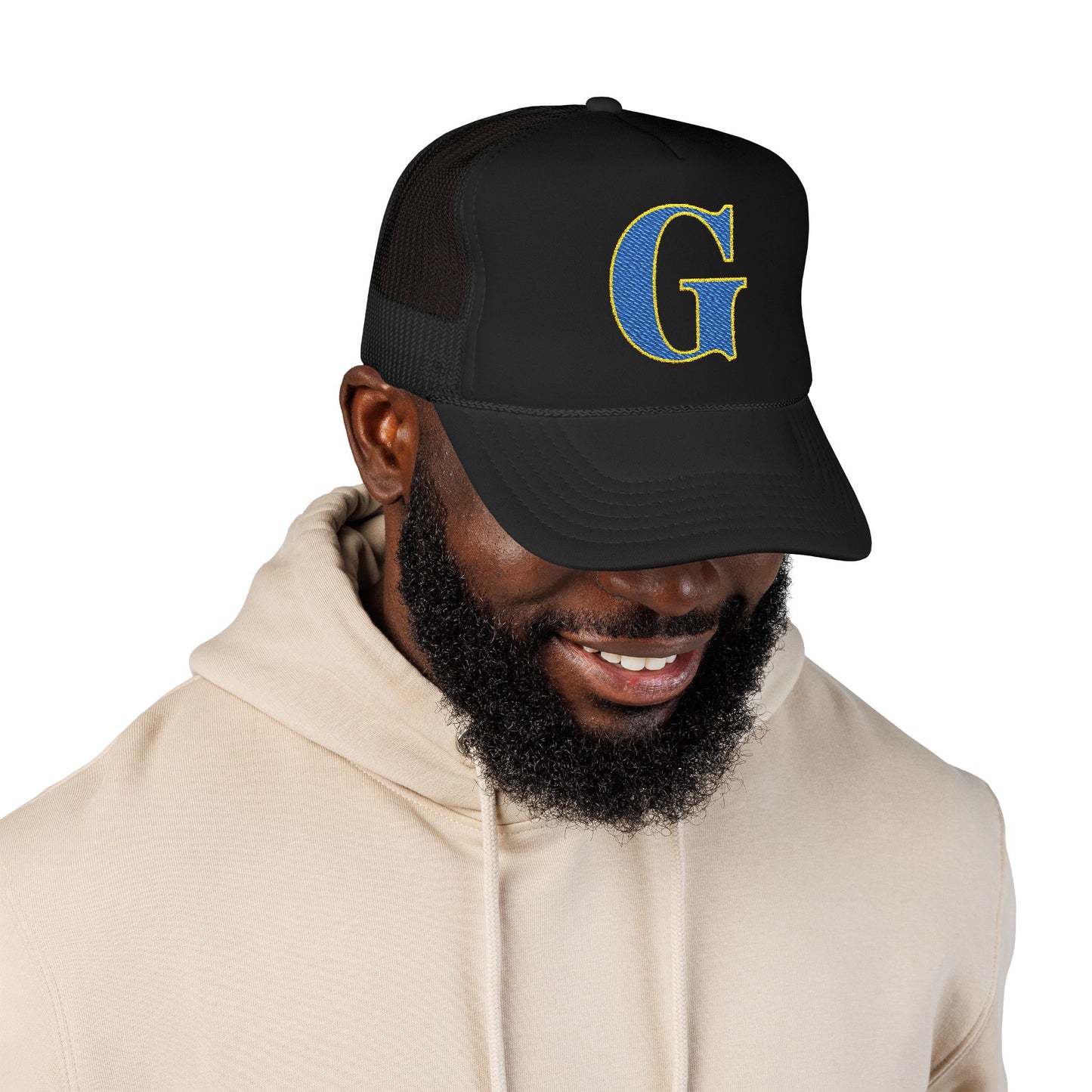 Embroidered Blue & Gold 'G' Trucker Hat — Monogram Letter Foam Cap - Gosnell