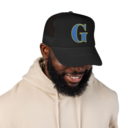 Embroidered Blue & Gold 'G' Trucker Hat — Monogram Letter Foam Cap - Gosnell