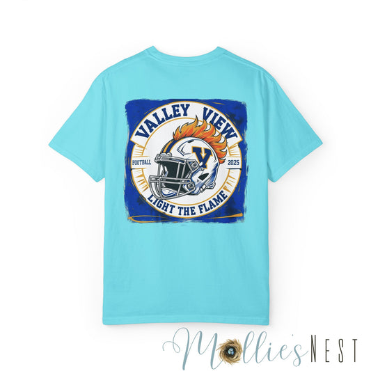 Valley View Light the Flame Football Helmet T-Shirt | Unisex Garment-Dyed Tee for Football Fans, Game Day Shirt, Sports Apparel, Casual Wear