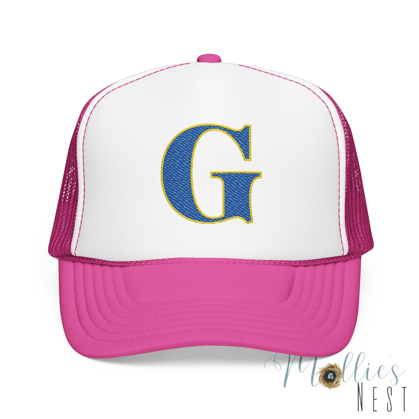 Embroidered Blue & Gold 'G' Trucker Hat — Monogram Letter Foam Cap - Gosnell