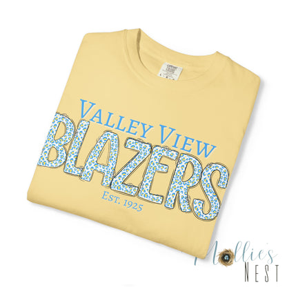 Blazers Blue Leopard Letters — 'Valley View Blazers' Comfort Colors T-Shirt