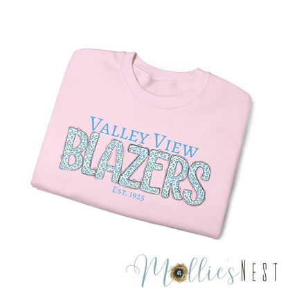Valley View Blazers Crewneck Sweatshirt. Classic Blue Leopard