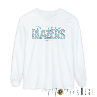 Valley View Blazers Long Sleeve T-Shirt. Blue Leopard Letters