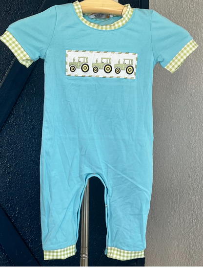 Green Tractor Rompers