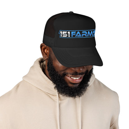 151 Farms Trucker Hat — Embroidered Blue Logo Foam Cap