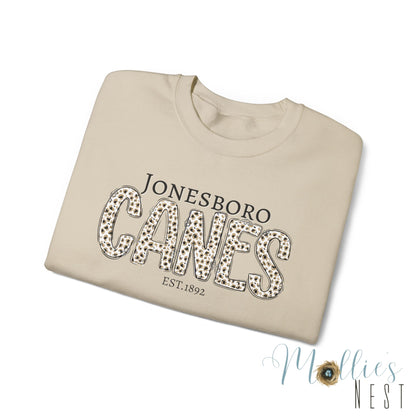 Jonesboro Canes Leopard Print Crewneck Sweatshirt. ADULT
