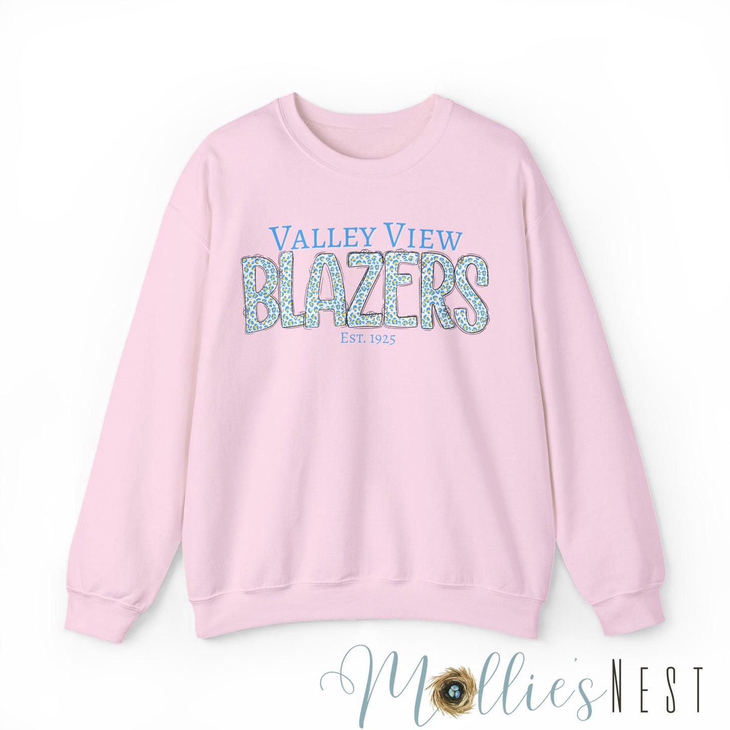 Valley View Blazers Crewneck Sweatshirt. Classic Blue Leopard