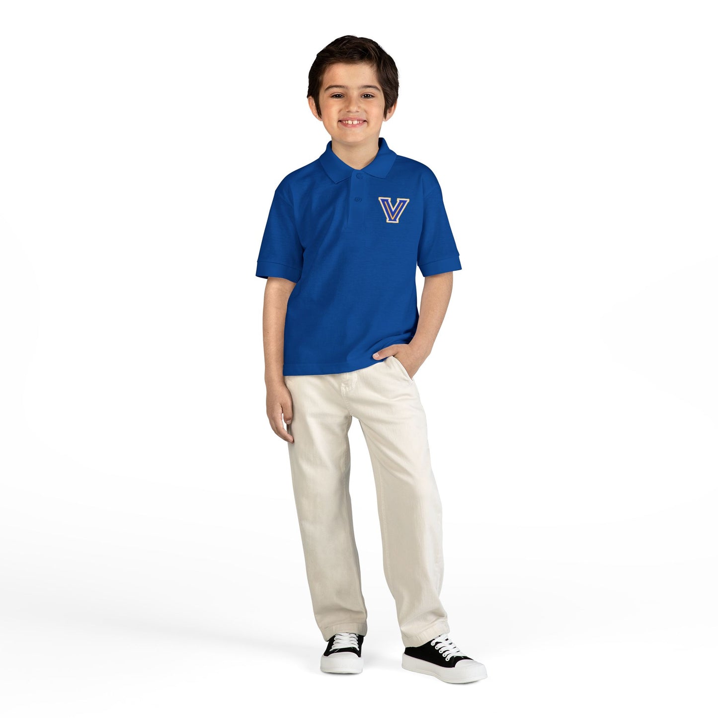 YOUTH. Valley View Polo Shirt with Gold & Blue 'V' LOGO - School Spirit DryBlend® - Printed (NOT EMBROIDERED)