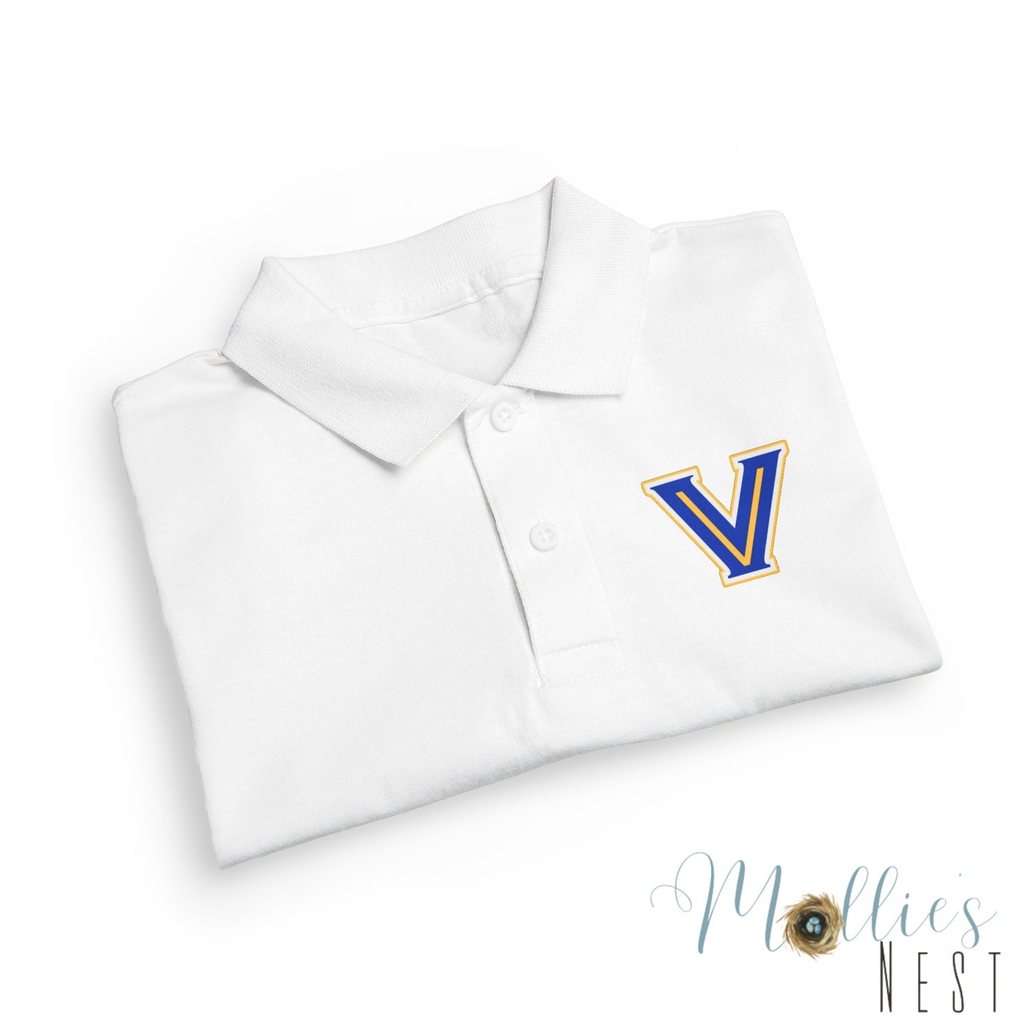 YOUTH. Valley View Polo Shirt with Gold & Blue 'V' LOGO - School Spirit DryBlend® - Printed (NOT EMBROIDERED)