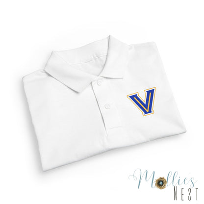 YOUTH. Valley View Polo Shirt with Gold & Blue 'V' LOGO - School Spirit DryBlend® - Printed (NOT EMBROIDERED)