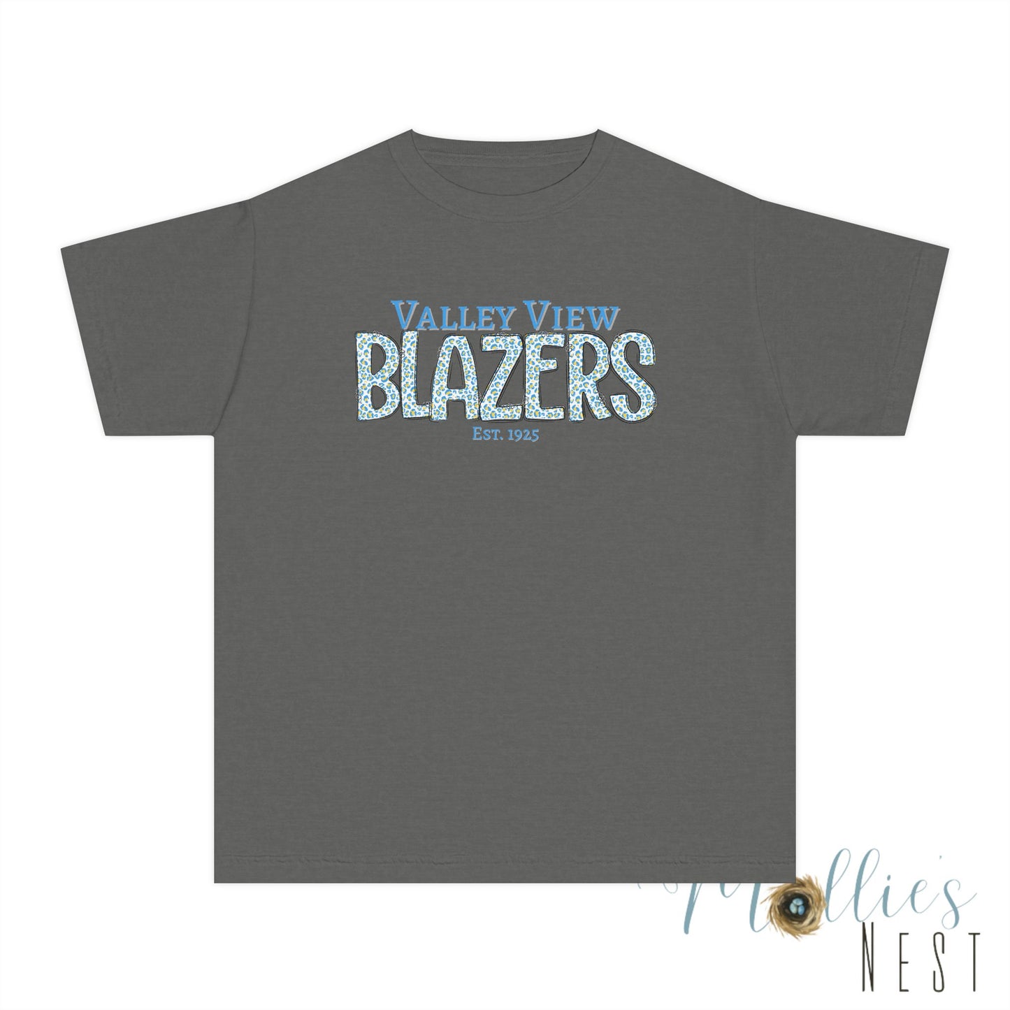 Valley View Blazers Youth Midweight Tee. Blue Leopard Letters