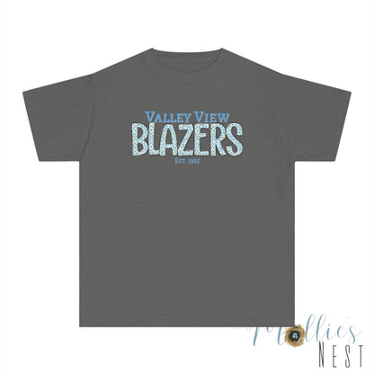 Valley View Blazers Youth Midweight Tee. Blue Leopard Letters