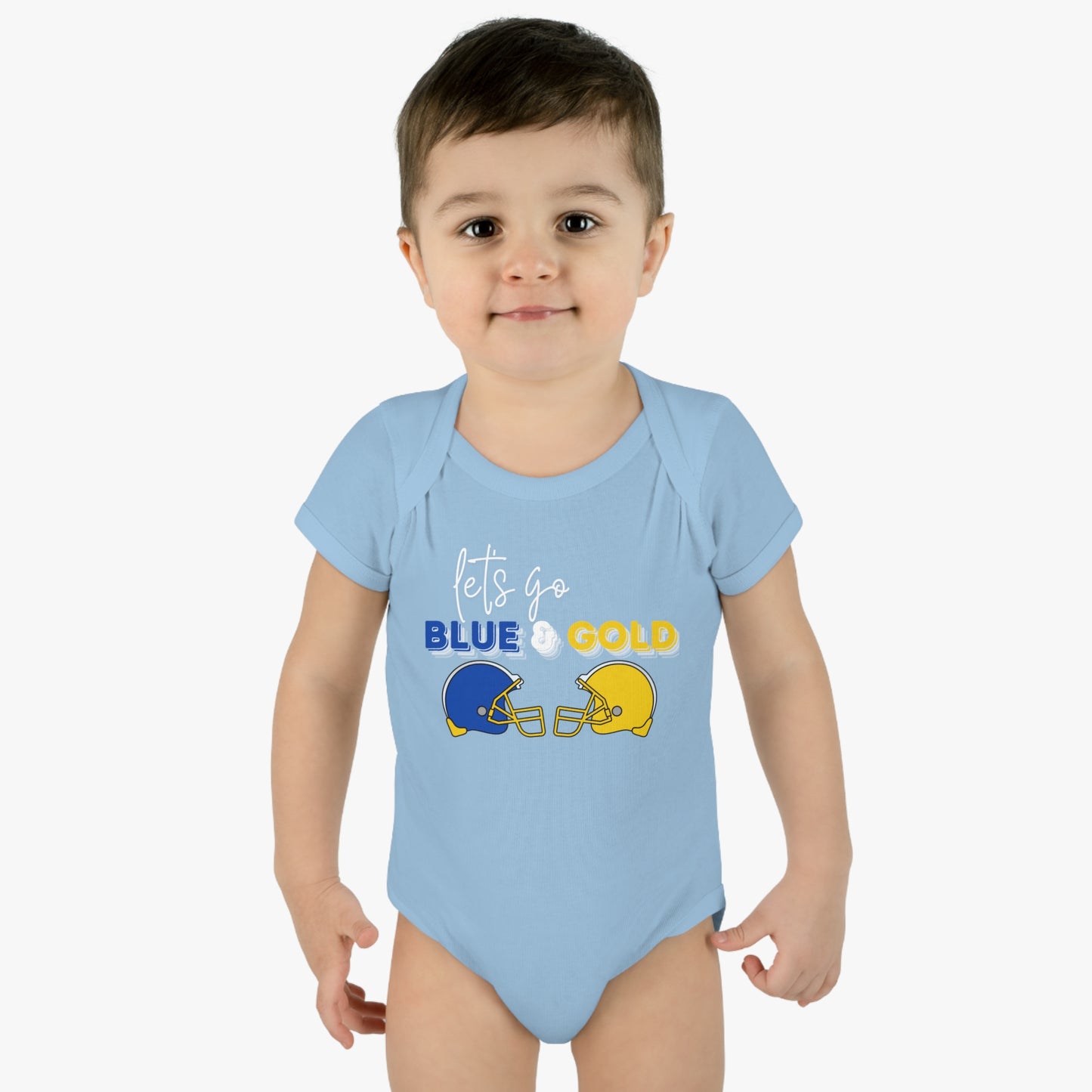 Infant Baby Rib Bodysuit. Blue & Gold