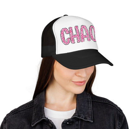 CHAOS Foam Trucker Hat — Pink Leopard Print Lettering Cap