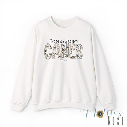 Jonesboro Canes Leopard Print Crewneck Sweatshirt. ADULT