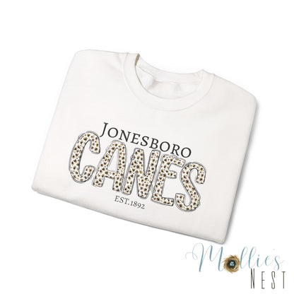 Jonesboro Canes Leopard Print Crewneck Sweatshirt. ADULT