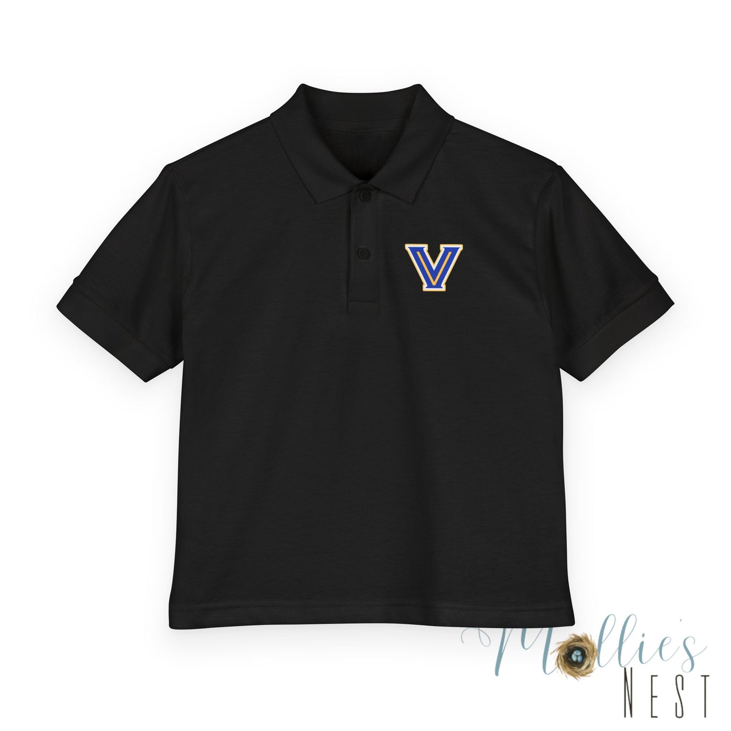 YOUTH. Valley View Polo Shirt with Gold & Blue 'V' LOGO - School Spirit DryBlend® - Printed (NOT EMBROIDERED)
