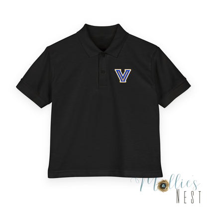 YOUTH. Valley View Polo Shirt with Gold & Blue 'V' LOGO - School Spirit DryBlend® - Printed (NOT EMBROIDERED)