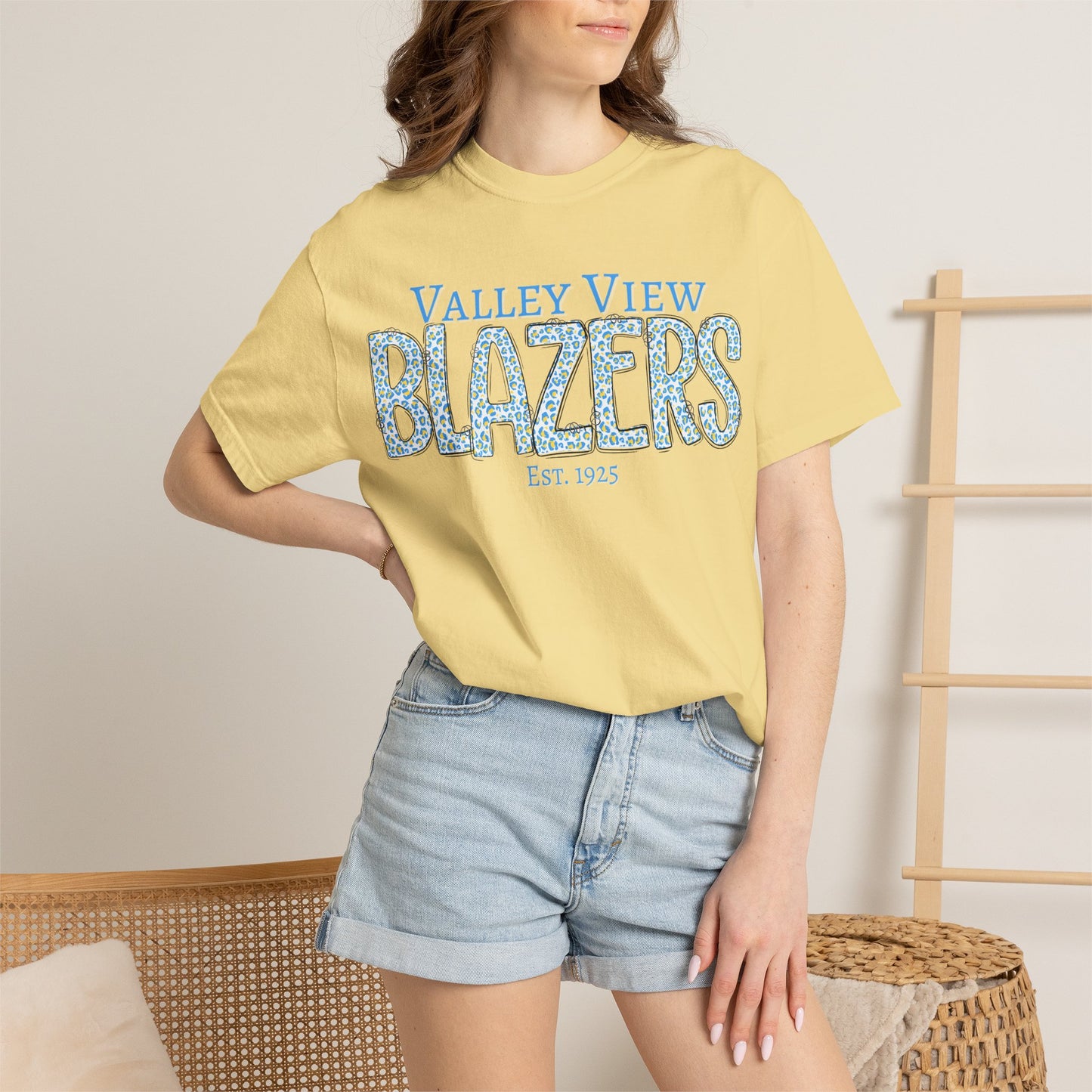 Blazers Blue Leopard Letters — 'Valley View Blazers' Comfort Colors T-Shirt