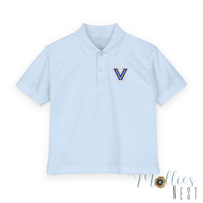 YOUTH. Valley View Polo Shirt with Gold & Blue 'V' LOGO - School Spirit DryBlend® - Printed (NOT EMBROIDERED)