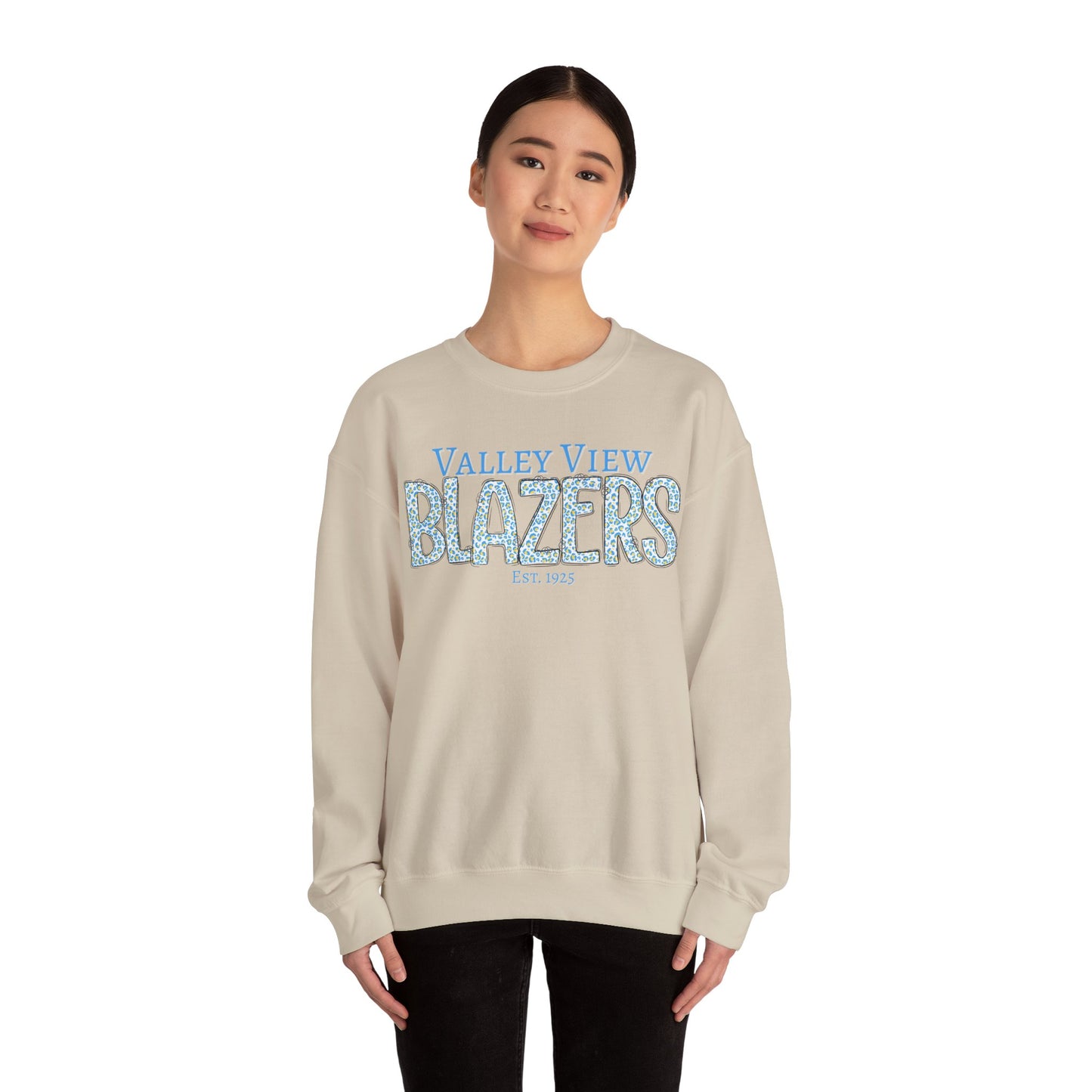 Valley View Blazers Crewneck Sweatshirt. Classic Blue Leopard