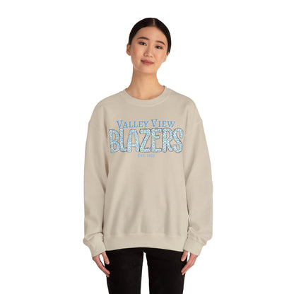 Valley View Blazers Crewneck Sweatshirt. Classic Blue Leopard