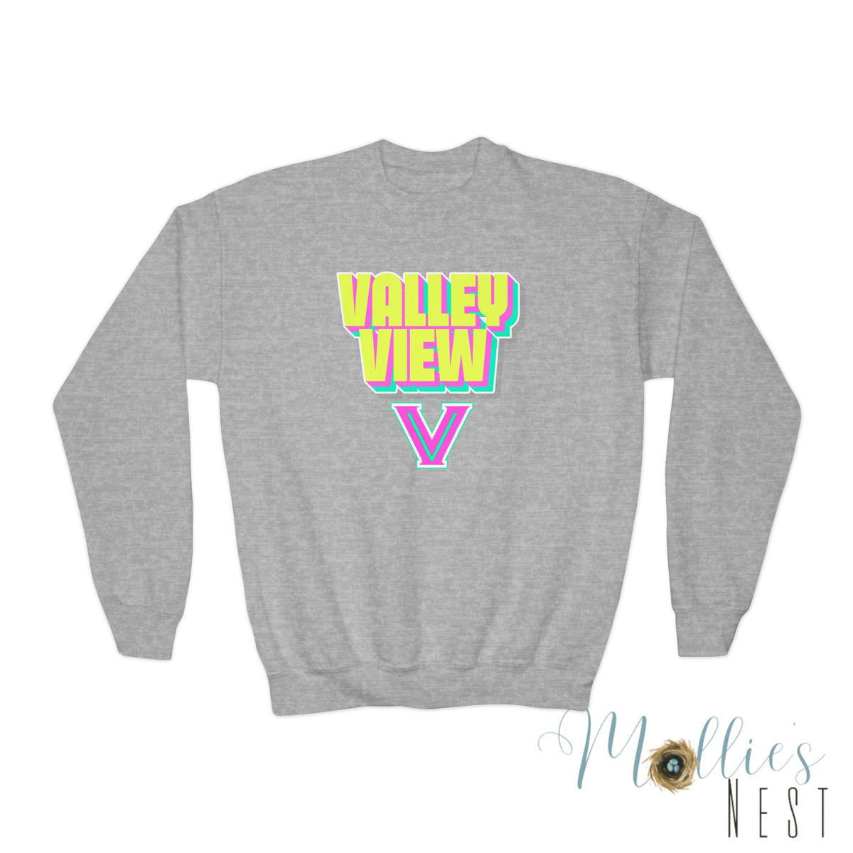 Youth Crewneck Sweatshirt – Valley View V Neon. Graphic