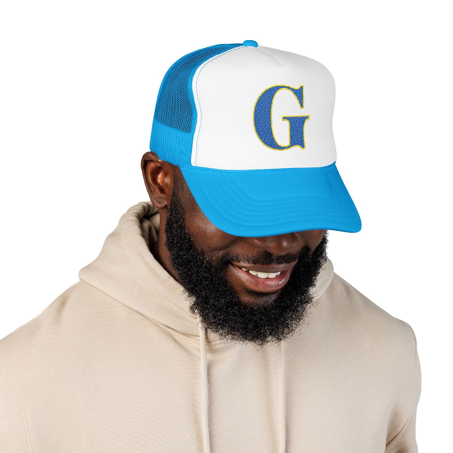Embroidered Blue & Gold 'G' Trucker Hat — Monogram Letter Foam Cap - Gosnell