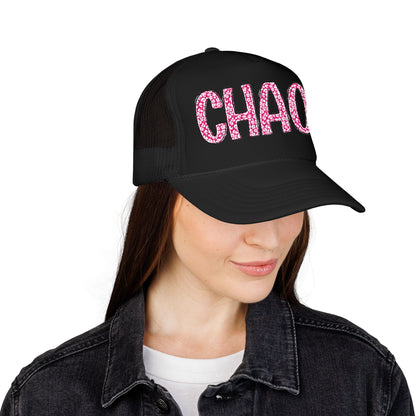 CHAOS Foam Trucker Hat — Pink Leopard Print Lettering Cap